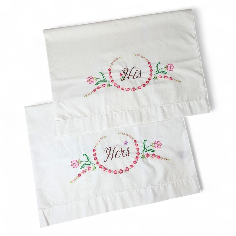 Thomaston Hand Embroidered His & Hers Pillowcases Vintage Floral Percale Cotton